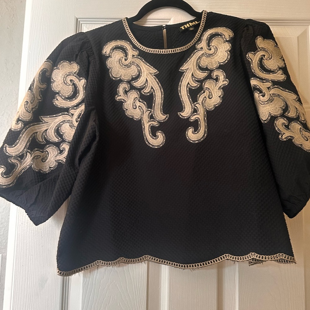 THML Sz L Black Blouse with Cream Embroidered Appliqué